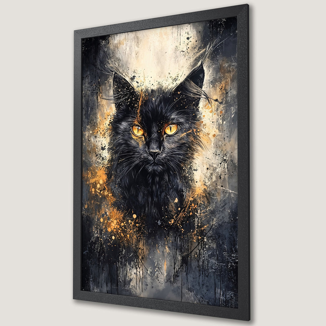Framed Poster featuring a black cat with golden eyes, abstract art style, and a dark, moody color palette.