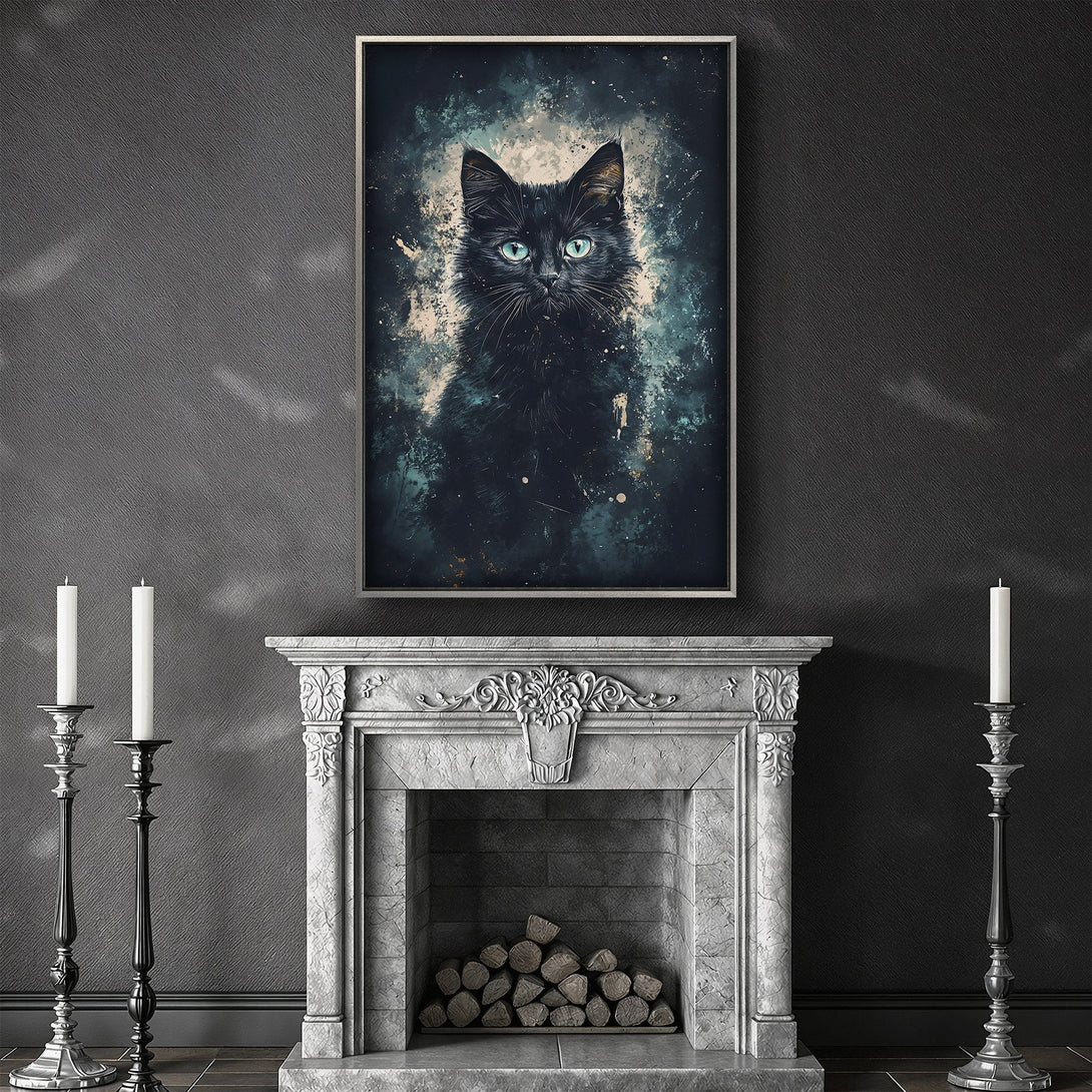 Framed Wall Art featuring a striking black cat with teal eyes. Dark, moody color palette. Perfect for adding a touch of mystery to your decor.