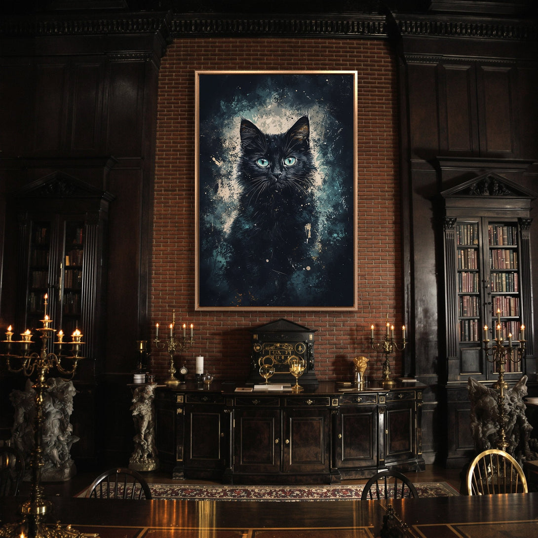 Framed Wall Art: Black cat portrait with teal eyes. Dramatic, painterly style. Dark, moody color palette. Perfect for a gothic interior.