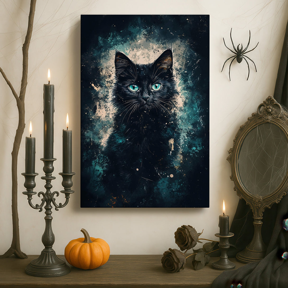 Framed Wall Art: Elegant black cat portrait with teal eyes. Abstract style, dark color palette. Perfect for adding a touch of mystique to your home decor.