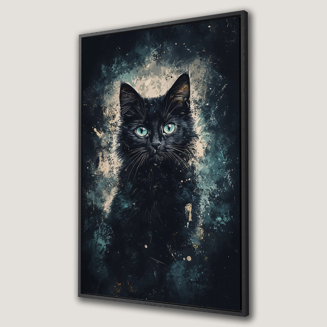 Framed Wall Art: Abstract black cat portrait with teal eyes. Moody, artistic style with a dark blue and teal color palette. Perfect for modern home decor.