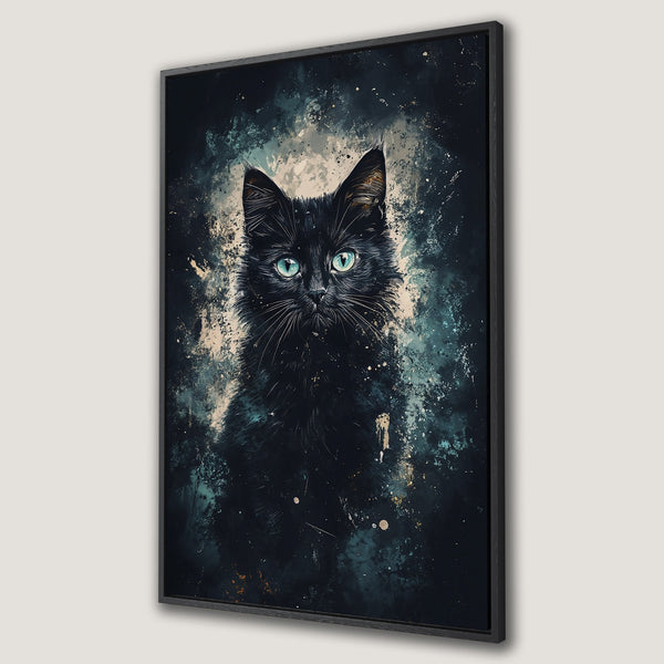 Framed Wall Art: Abstract black cat portrait with teal eyes. Moody, artistic style with a dark blue and teal color palette. Perfect for modern home decor.