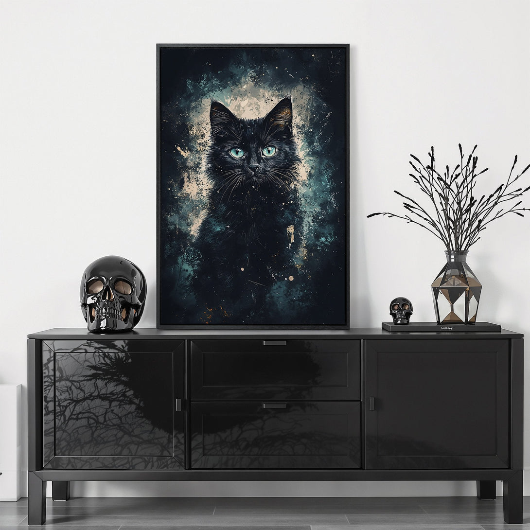 Framed Wall Art featuring a striking black cat with teal eyes. Abstract style, dark teal and gold color palette. Perfect for adding a touch of mystery to your space.