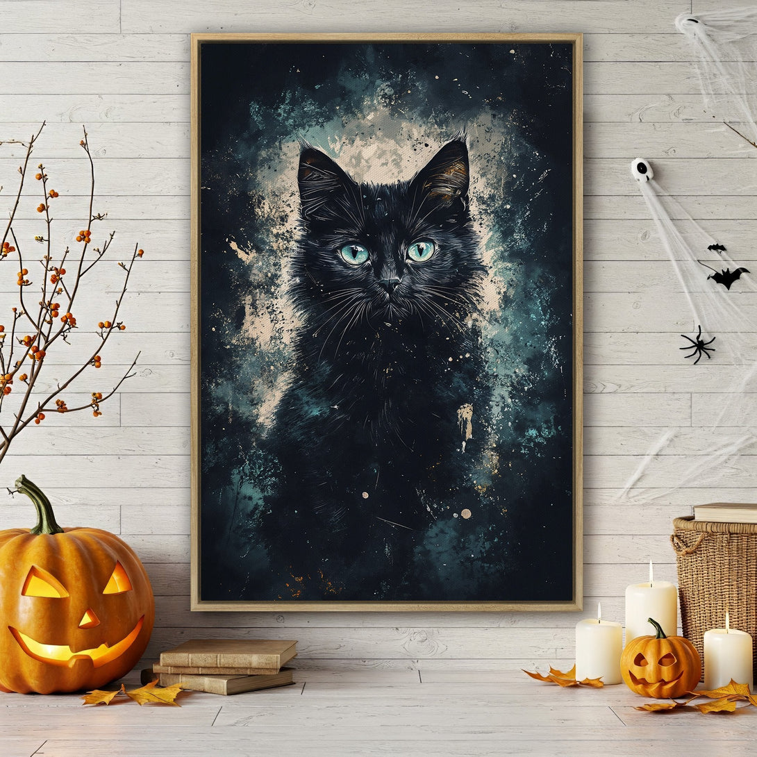 Framed Wall Art featuring a striking black cat with teal eyes. Abstract style with a dark, moody color palette. Perfect Halloween decor!