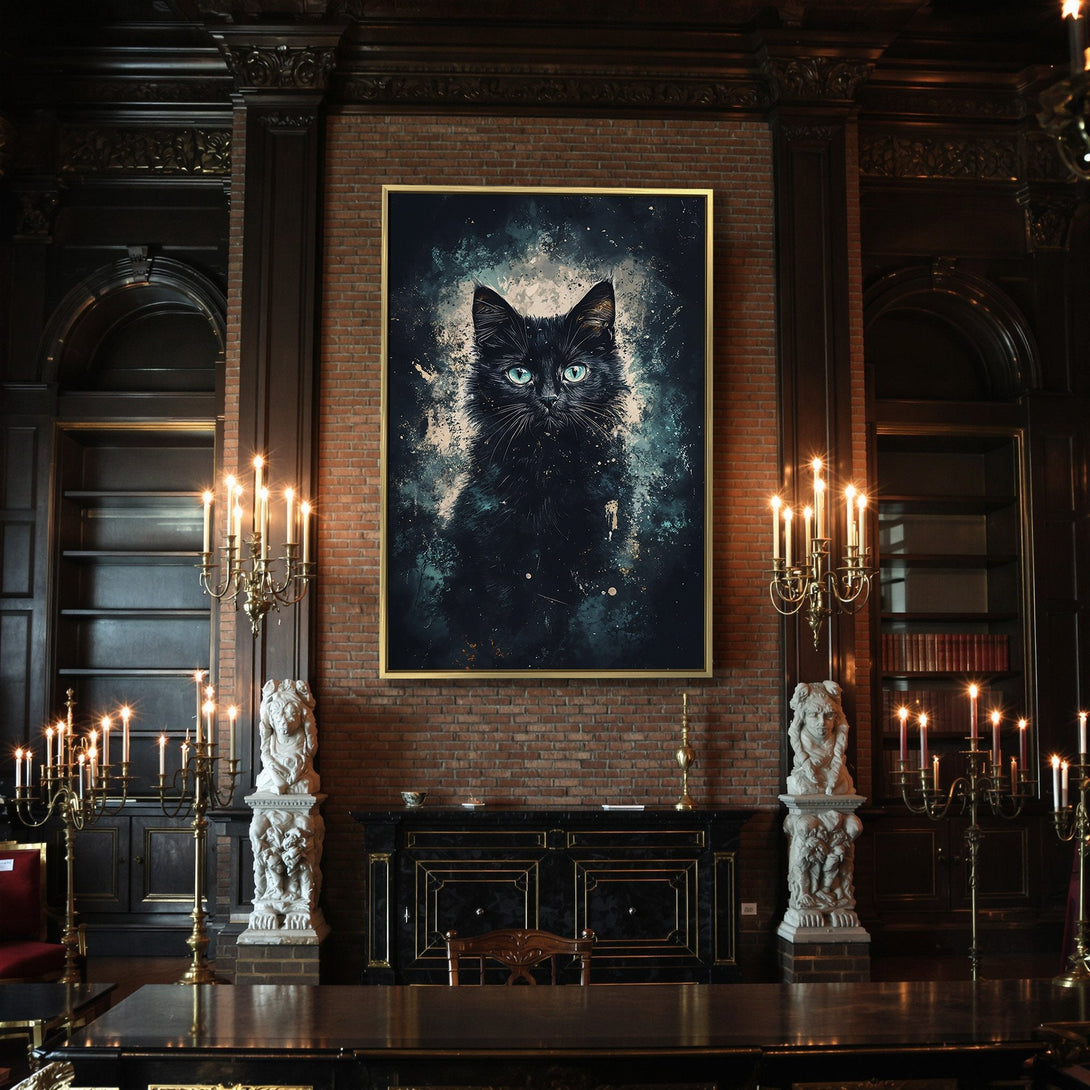 Canvas Print featuring a black cat with turquoise eyes, abstract style, dark teal and black color palette. Perfect Halloween decor!