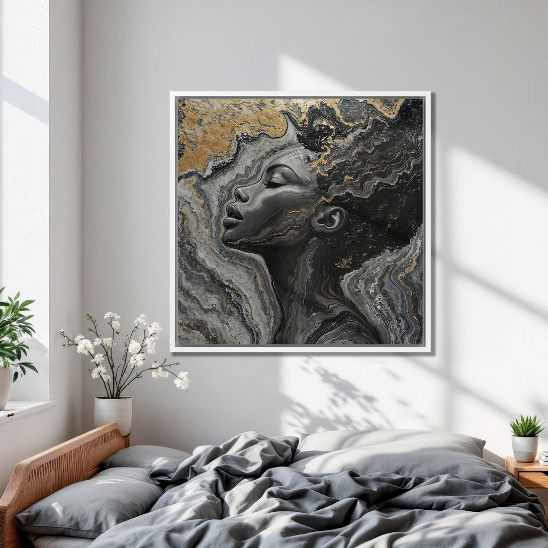Framed Wall Art featuring an abstract portrait in black, white, and gold. Modern art for bedroom decor. Enhance your space with this stunning canvas print.
