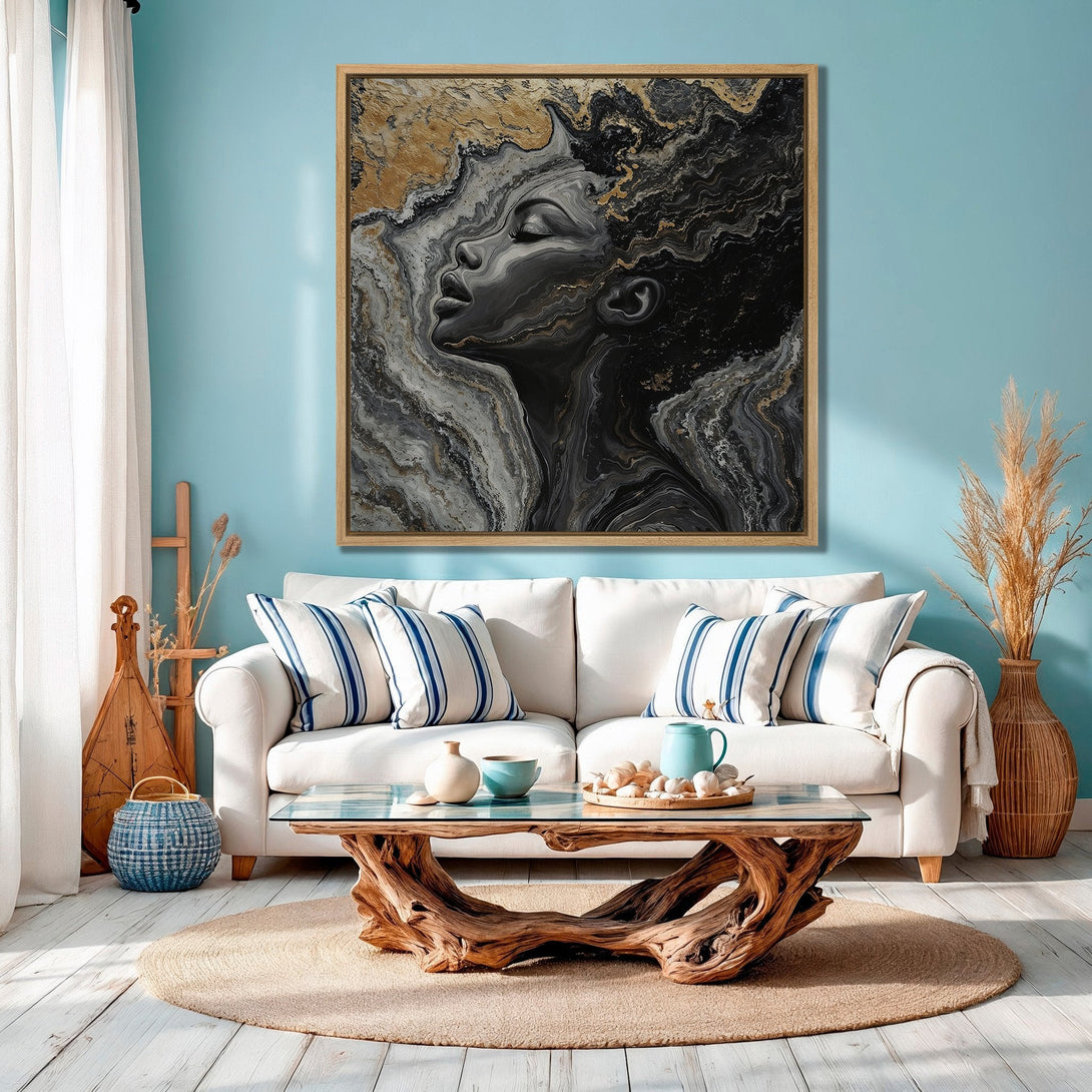 Framed Wall Art featuring an abstract portrait in black, white, and gold tones. Modern art canvas print for a stylish home interior.