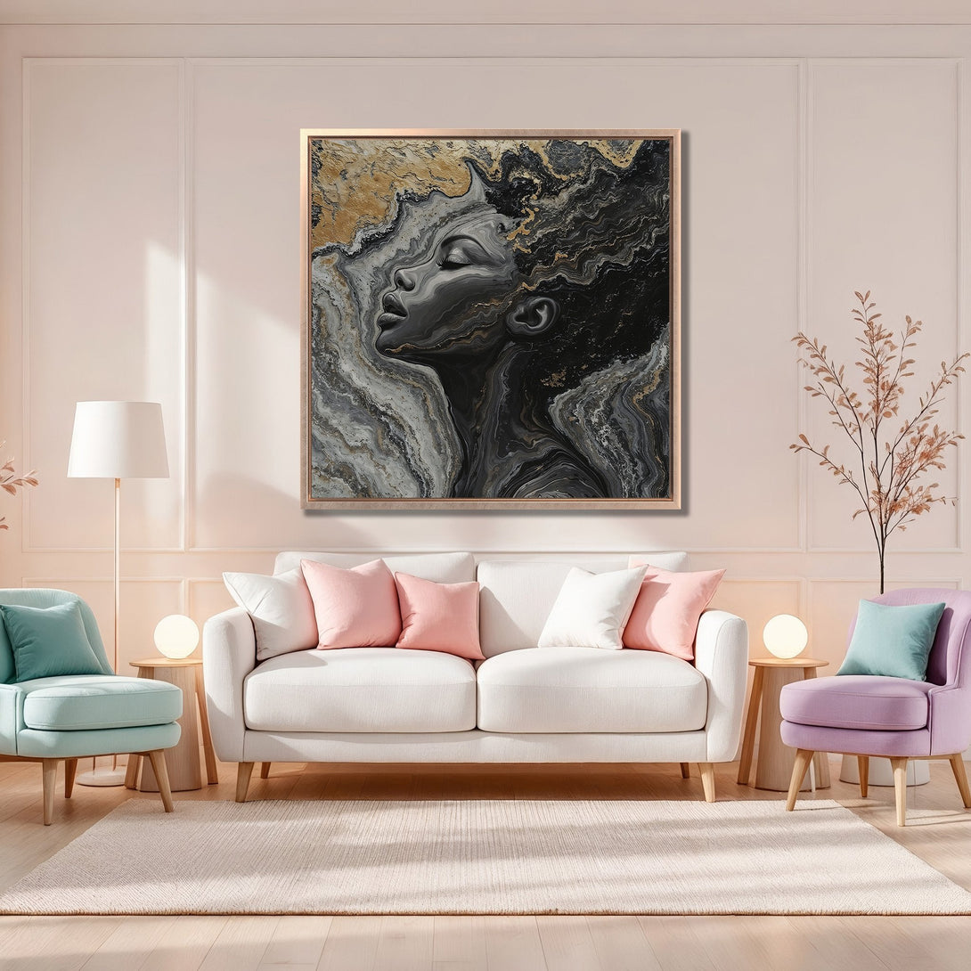 Framed Wall Art of a woman's profile in abstract style, featuring a black, gold, and gray color palette. Perfect for modern home decor.