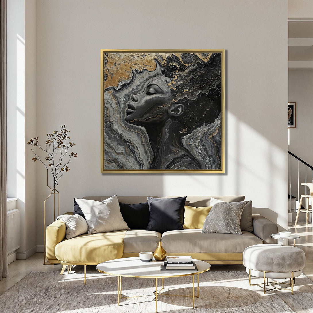 Canvas Print of an abstract woman's profile in black, gold, and gray tones. Modern art decor for a stylish living room.