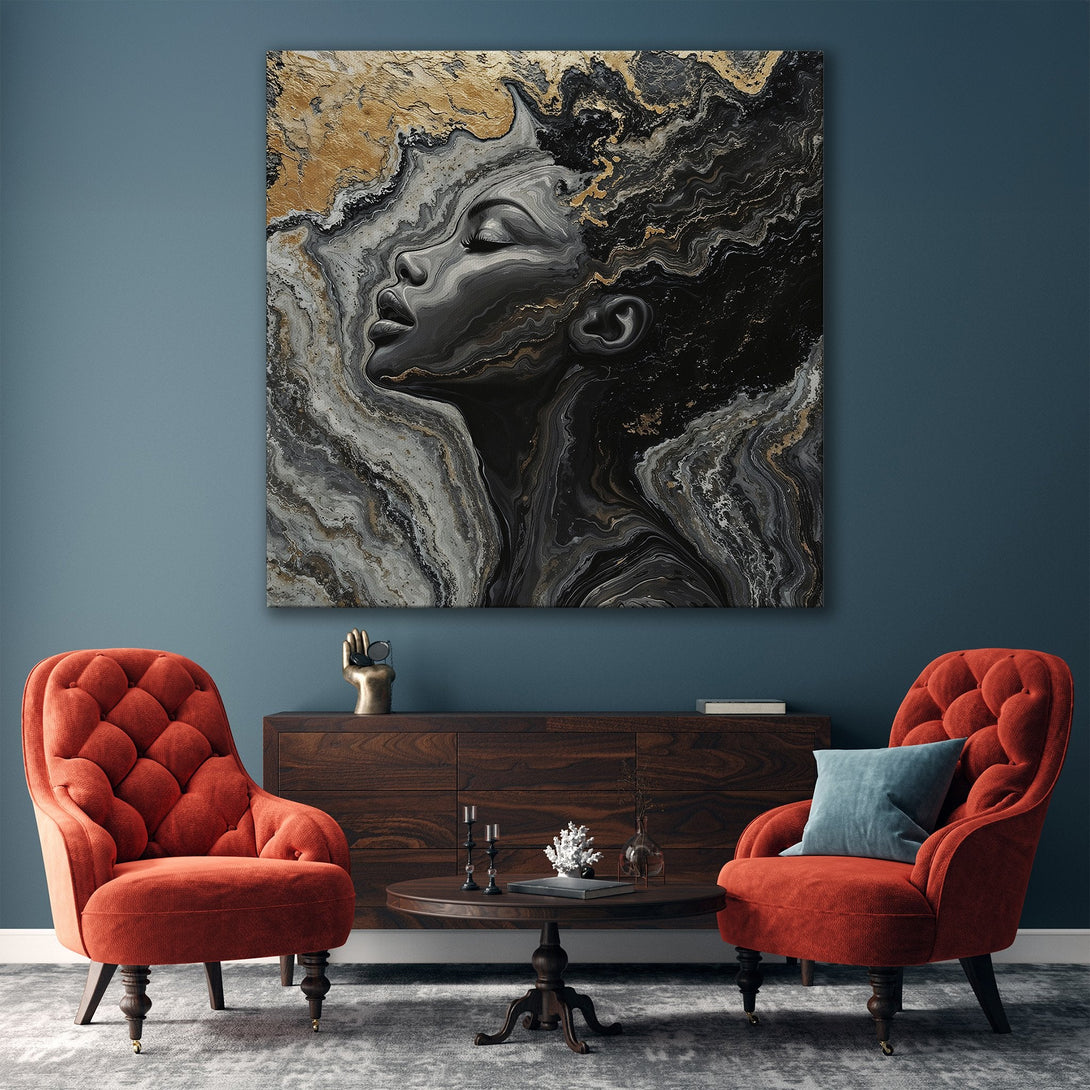 Framed Wall Art featuring an abstract portrait in black, gold, and gray tones. Modern decor inspiration for living rooms.