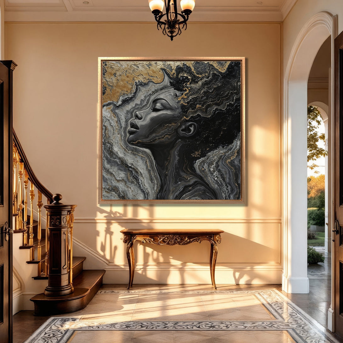 Framed Wall Art: Abstract portrait in black, white, and gold tones. Modern art canvas print displayed in a luxurious interior setting. Elevate your space!