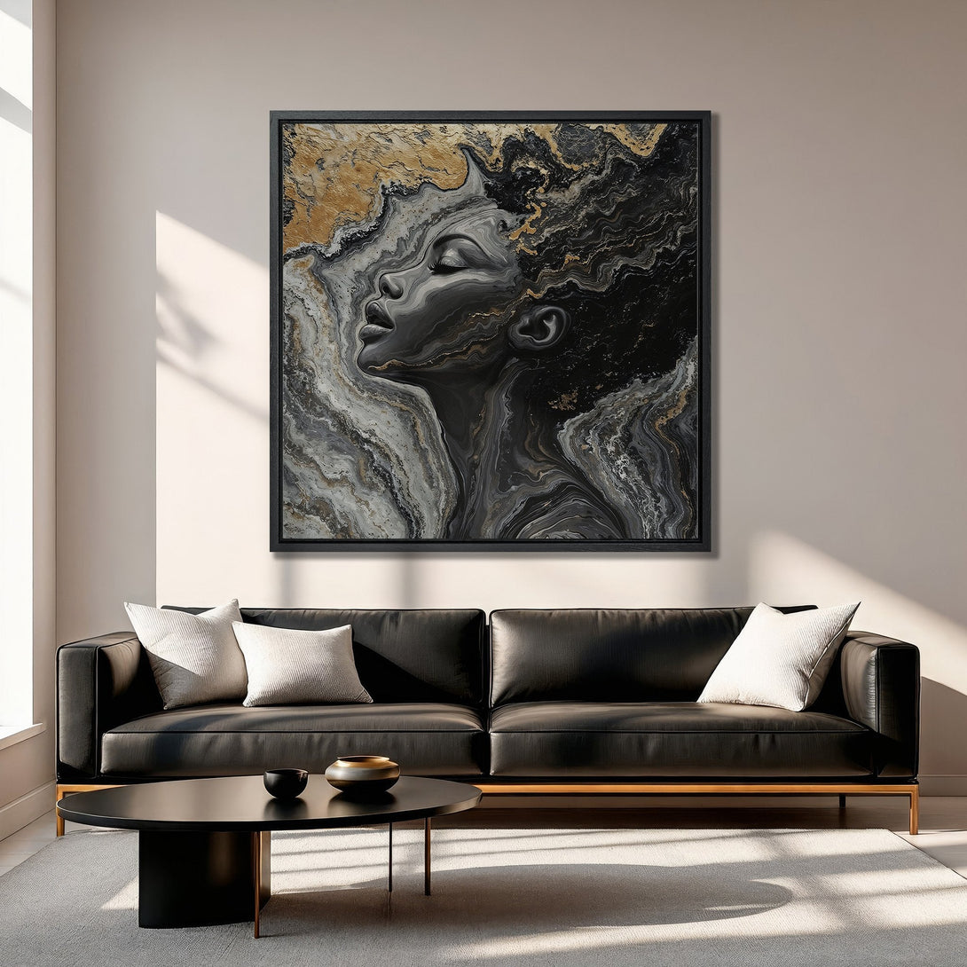 Framed Wall Art featuring a woman's profile in abstract style, with a black, white, and gold color palette. Perfect for modern home decor.