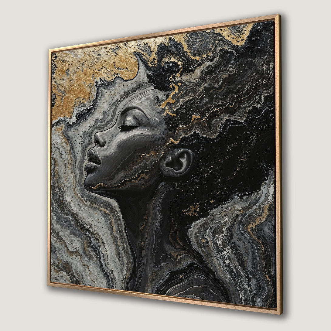 Framed Wall Art featuring a serene woman's portrait in abstract, flowing black, gray, and gold tones. Elevate your space with this unique canvas print.