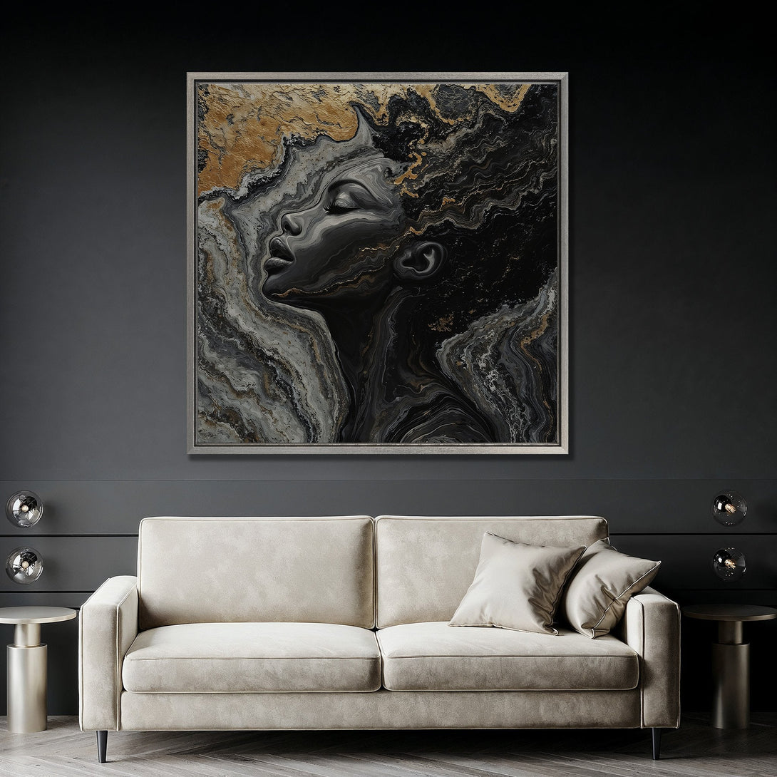 Framed Wall Art featuring an abstract portrait in black, gold, and gray tones. Modern art canvas print for a stylish living room.
