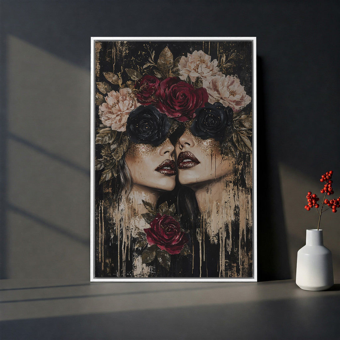 Framed Wall Art: Dramatic portrait of two women with floral crowns, rich dark tones, and a touch of gold. Perfect for modern home decor.