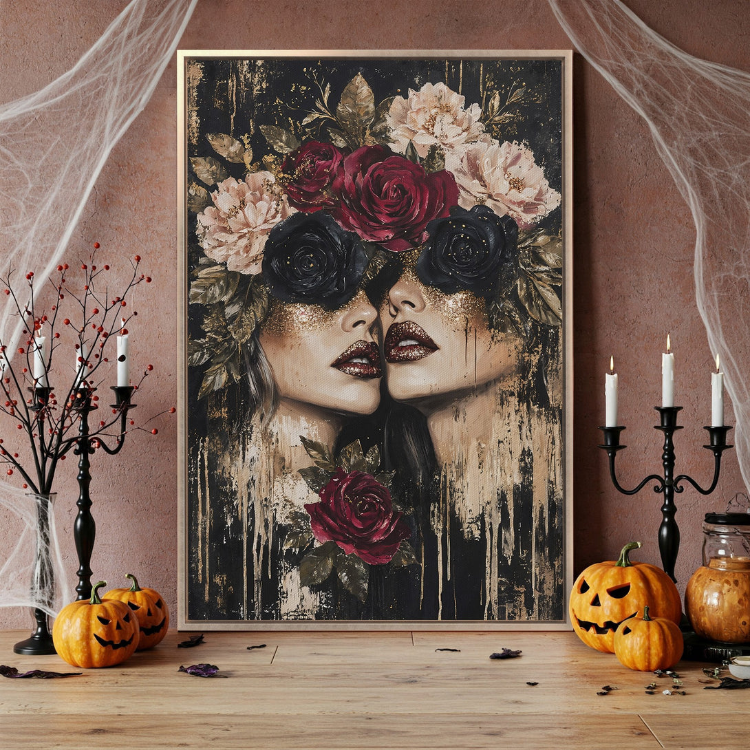 Framed Wall Art: Gothic portrait with floral crown in dark, moody tones. Perfect Halloween decor. Features black, red, and gold color palette. Add a touch of mystery!