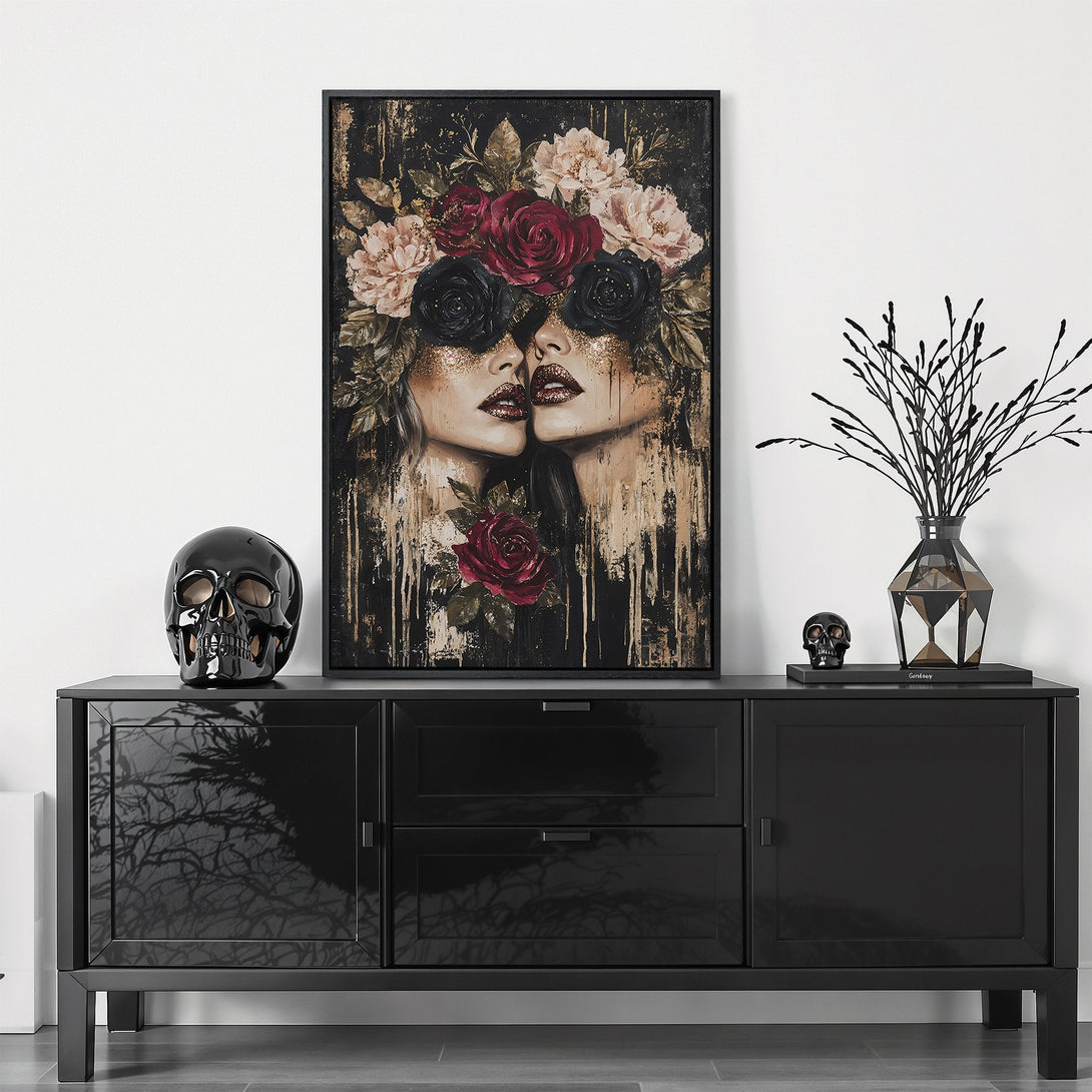 Framed Wall Art featuring a striking portrait with floral accents, in a dark, moody color palette. Perfect for adding a touch of elegance to your space.
