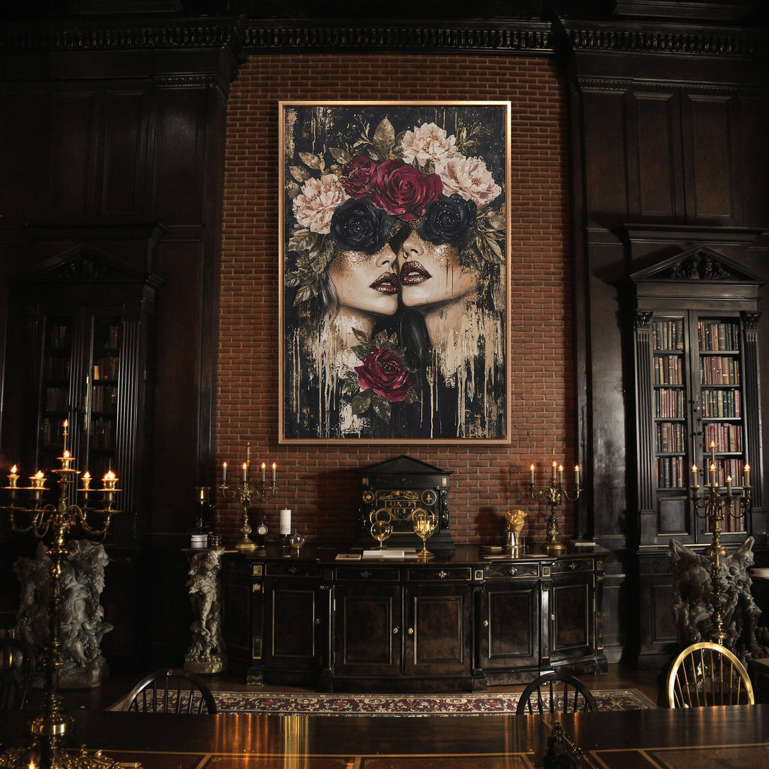 Framed Wall Art featuring a surreal portrait with floral elements. Dark, moody color palette with reds, blacks, and golds. Perfect for a gothic interior.