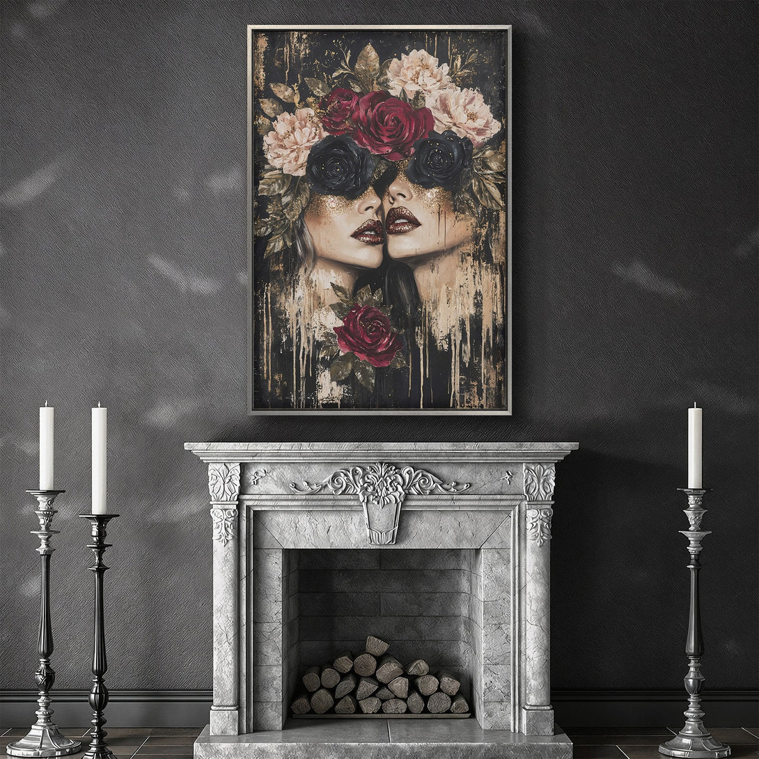 Framed Wall Art featuring a floral portrait in a dark, moody style. Rich red, black, and gold color palette. Perfect for a dramatic interior.