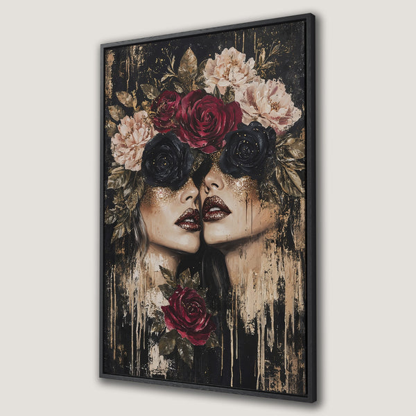 Framed Wall Art featuring a woman with floral crown, dark and gold color palette. Modern, artistic Canvas Print for home decor.