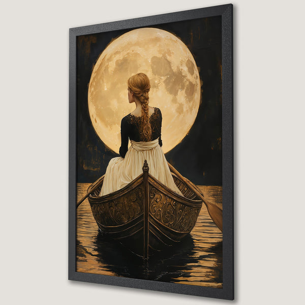 Framed Poster: Woman in boat with moon, romantic art print. Warm gold, black, and cream color palette. Perfect wall decor.