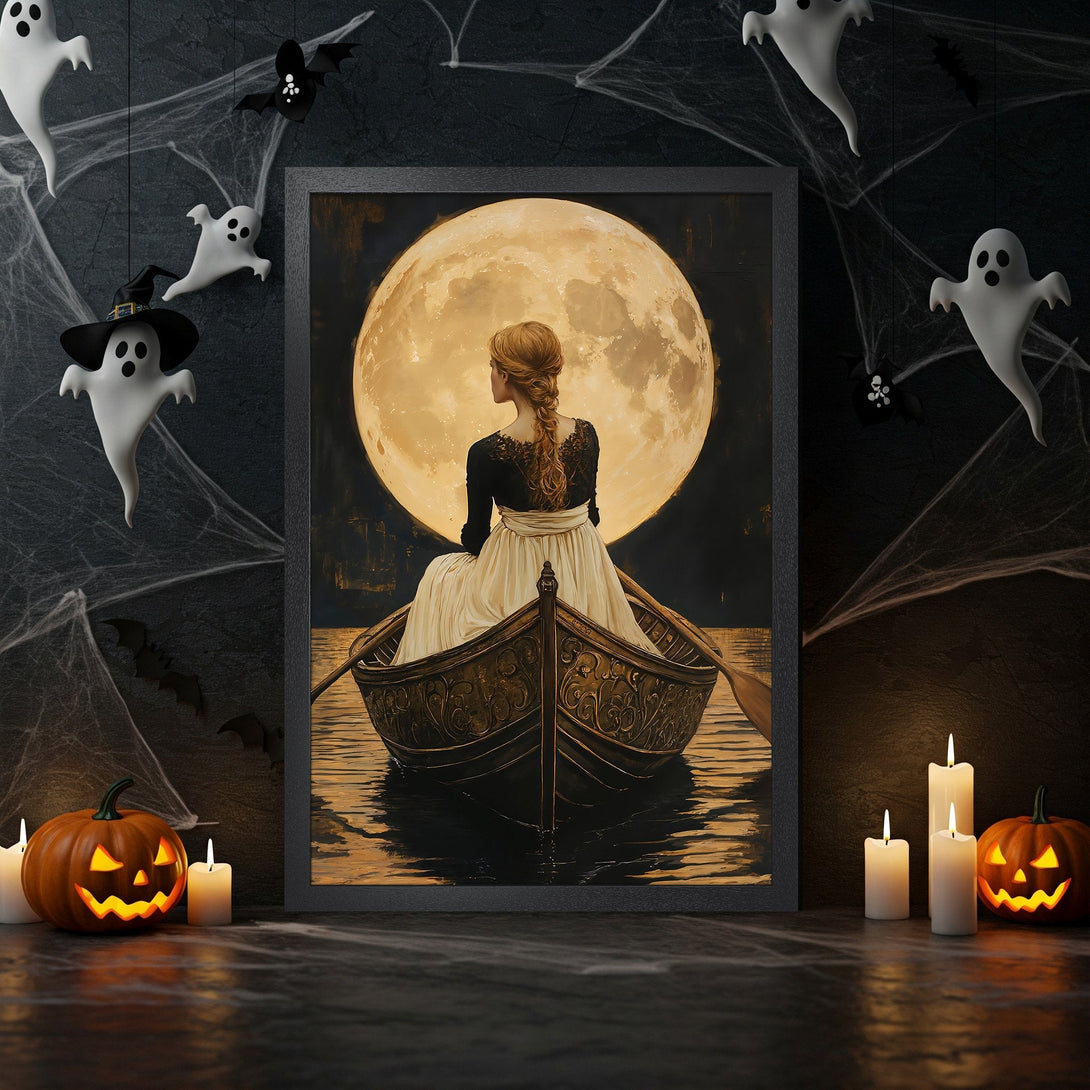 Framed Poster featuring a woman in a boat under a full moon, with a spooky Halloween theme. Dark, moody color palette for a unique wall art.