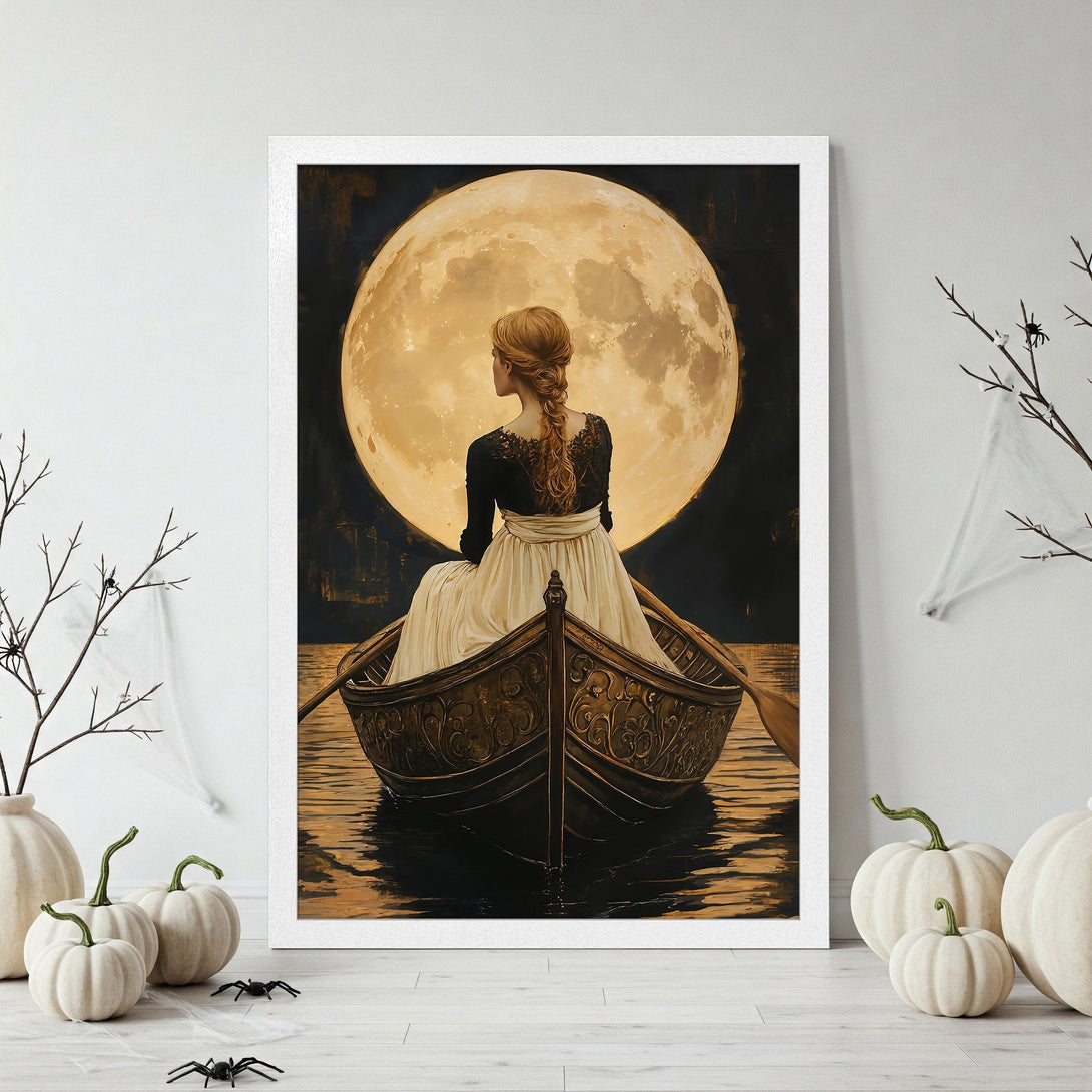 Framed Poster featuring a woman in a boat under a full moon. Romantic art print with a warm, golden and black color palette. Perfect wall decor.