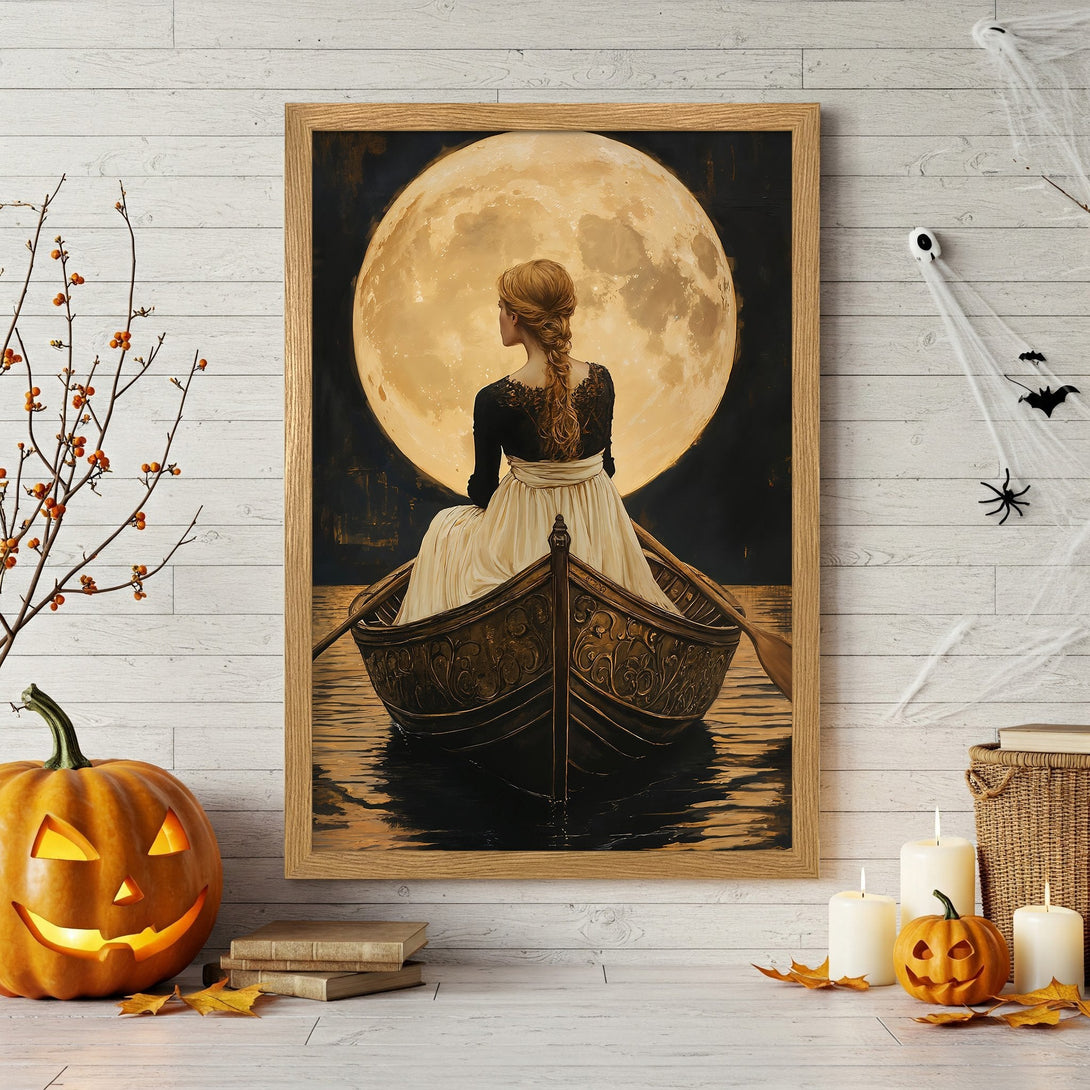 Framed Poster of a woman in a boat under a full moon, artistic style, warm color palette, perfect for Halloween decor.