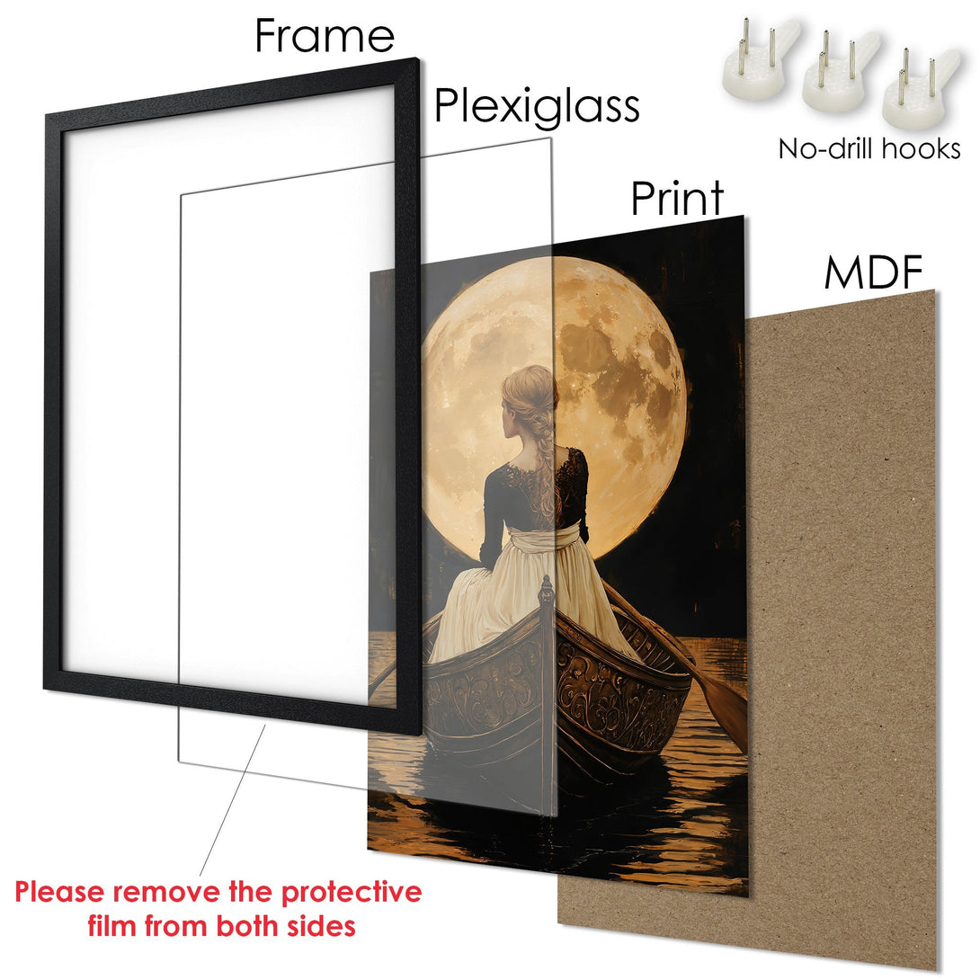 Framed Poster featuring a woman in a boat under a moon, with warm tones. Art print ready to hang.
