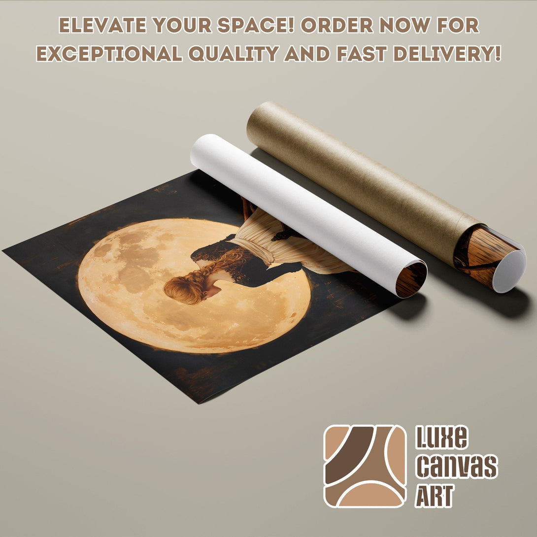 Poster Roll featuring a woman and moon art print, warm color palette, perfect for home decor.