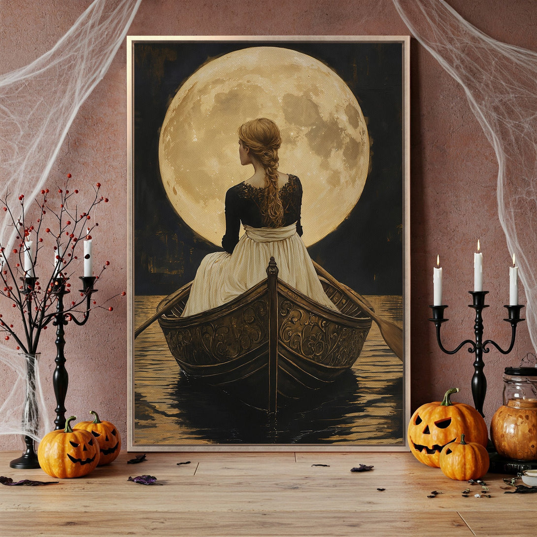 Framed Wall Art: Woman in boat under a full moon, vintage style, warm color palette. Perfect for Halloween decor!
