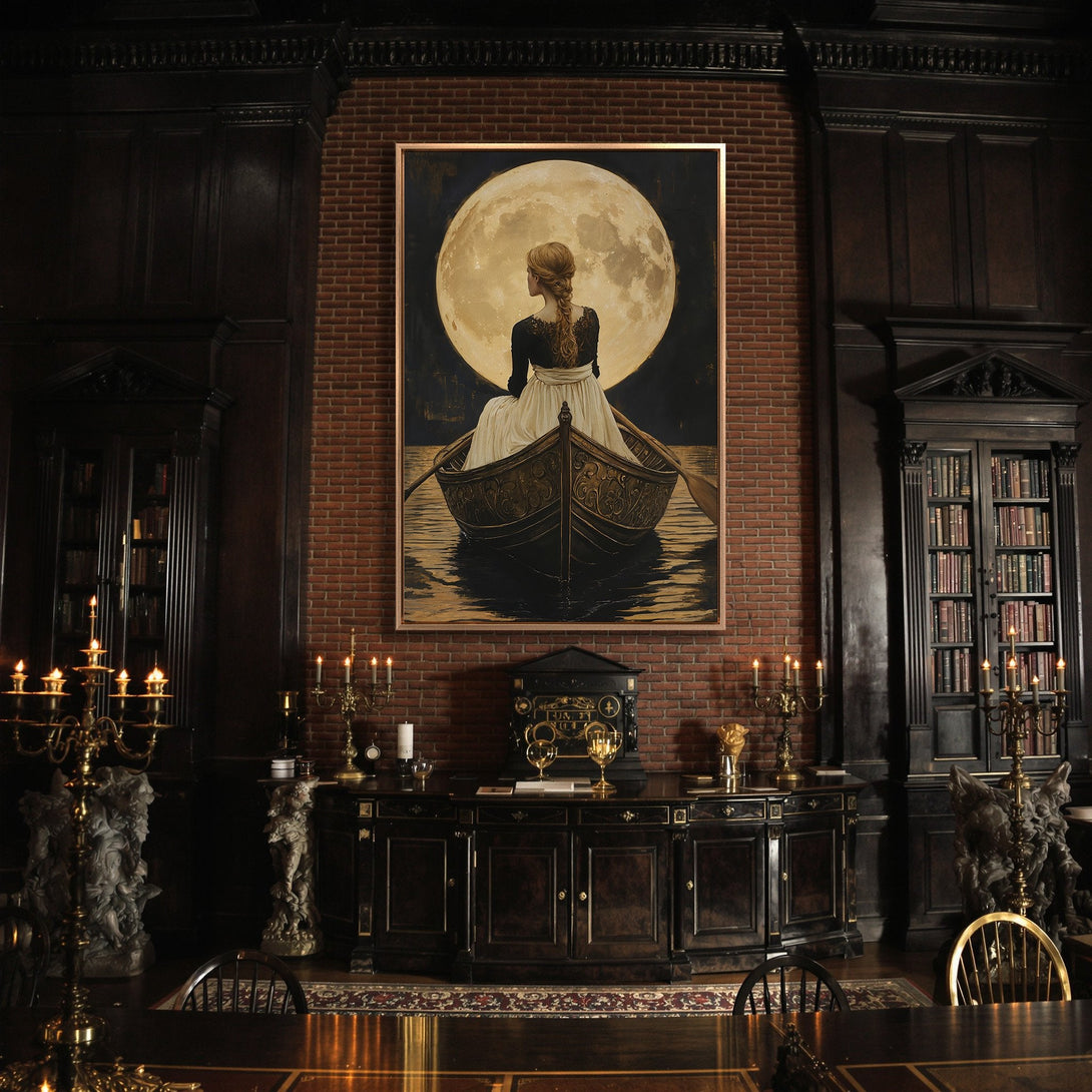 Framed Wall Art: Woman in boat with moon, romantic art print. Warm, dark color palette perfect for a classic interior. Add elegance to your home!