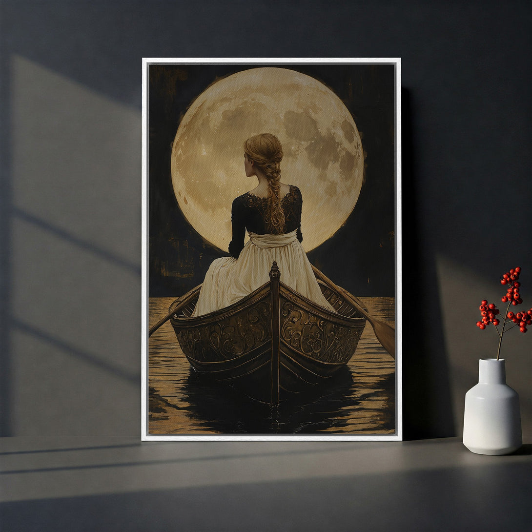 Framed Wall Art: Romantic scene of woman in boat under moon. Vintage style, neutral tones with pops of red. Perfect for adding elegance to any room.