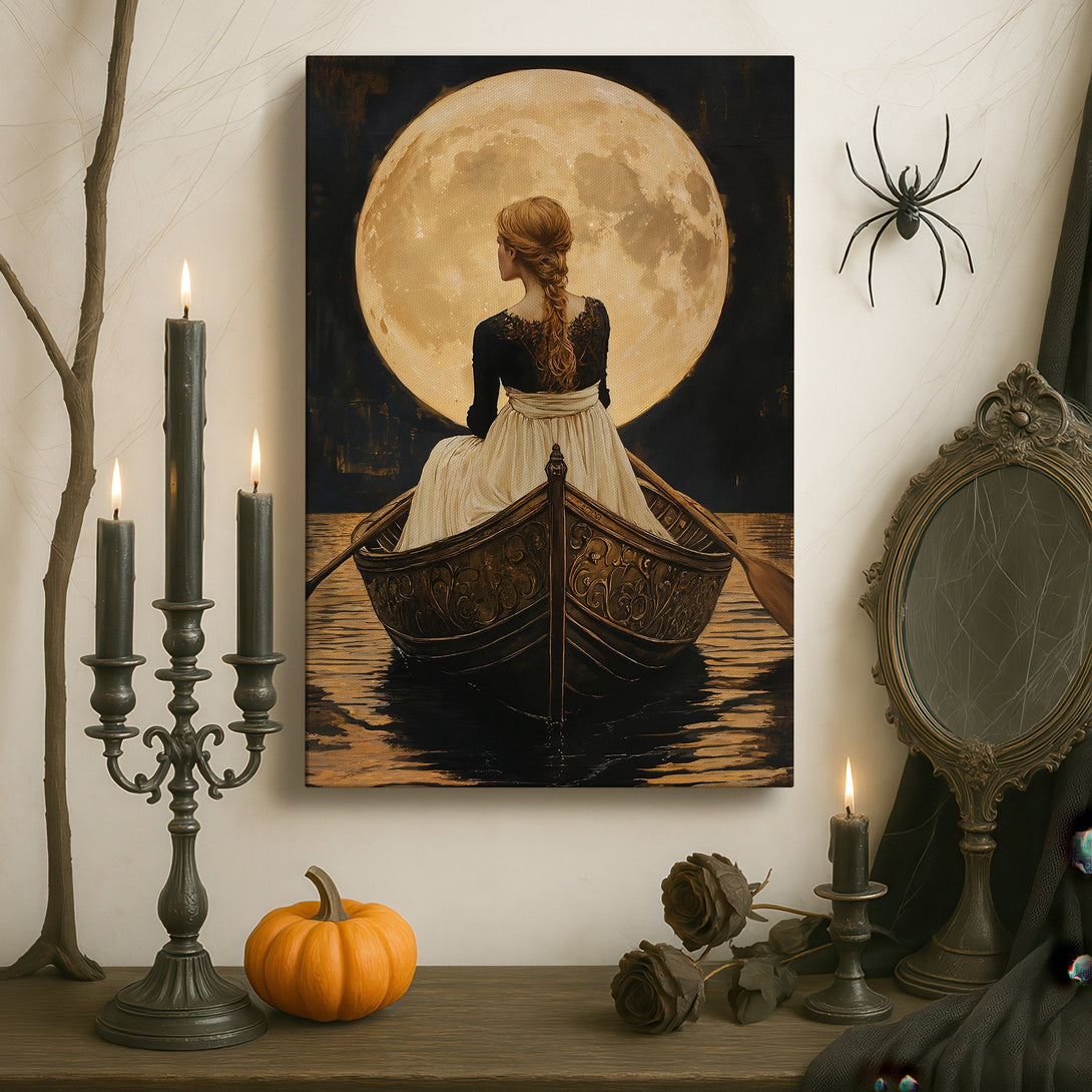 Framed Wall Art: Woman in boat under moon. Romantic art print with a warm, neutral color palette. Perfect for adding elegance to your home decor.
