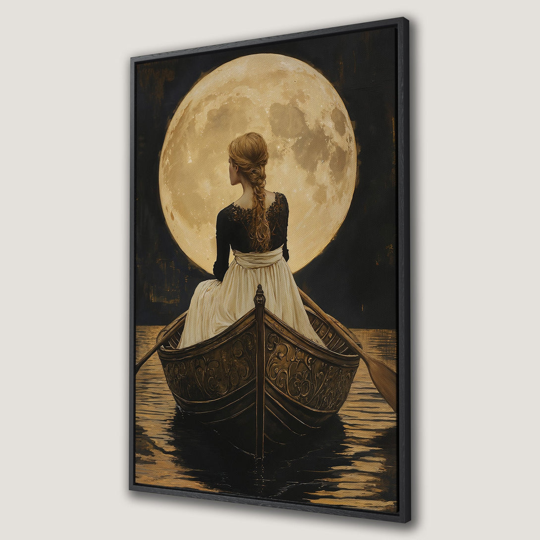 Framed Wall Art: Woman in boat under moon. Romantic, vintage-style canvas print with warm gold, black, and cream tones. Perfect for adding elegance to your home.