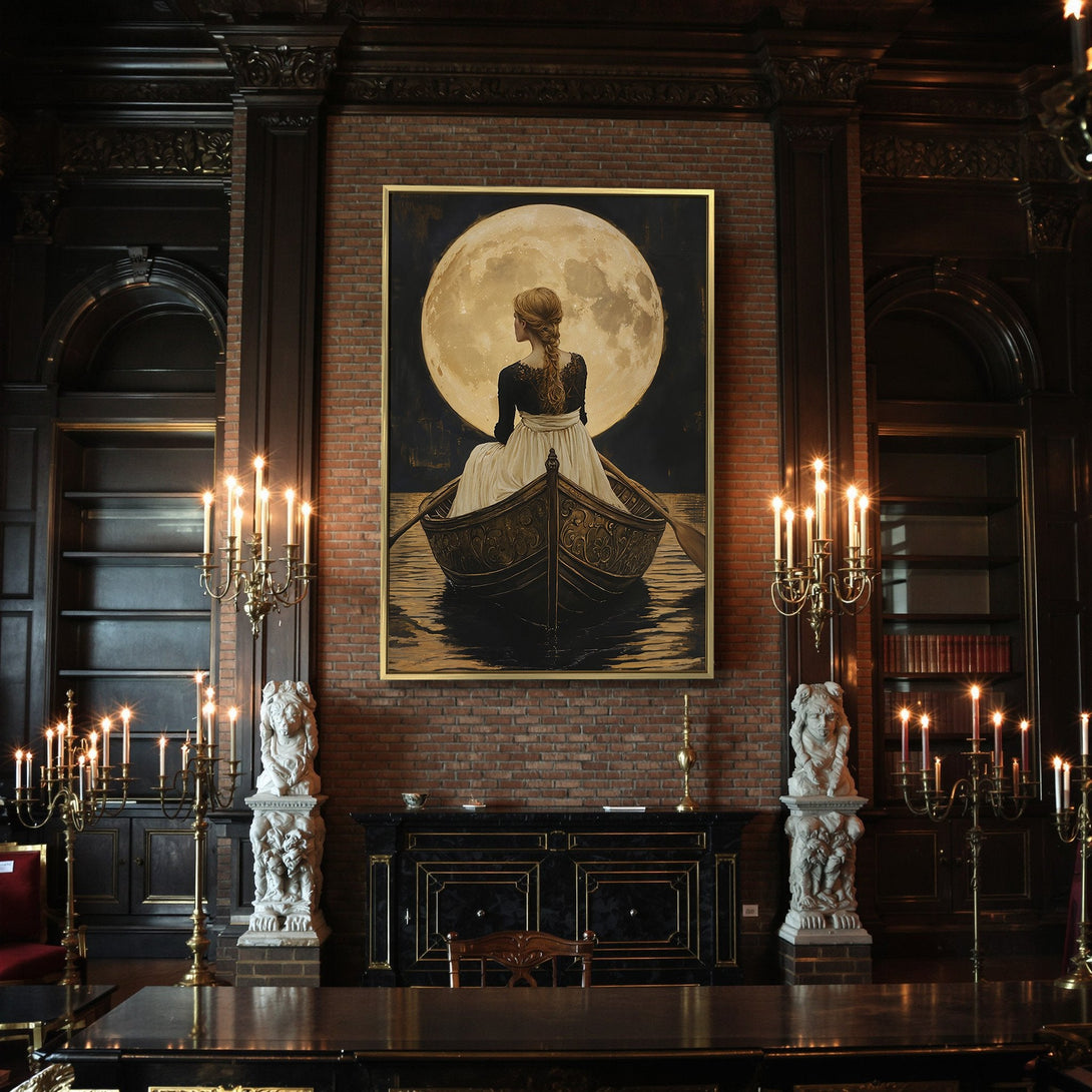 Canvas Print: Woman in boat under moon, romantic gothic style, warm gold & black palette, perfect for Halloween decor.