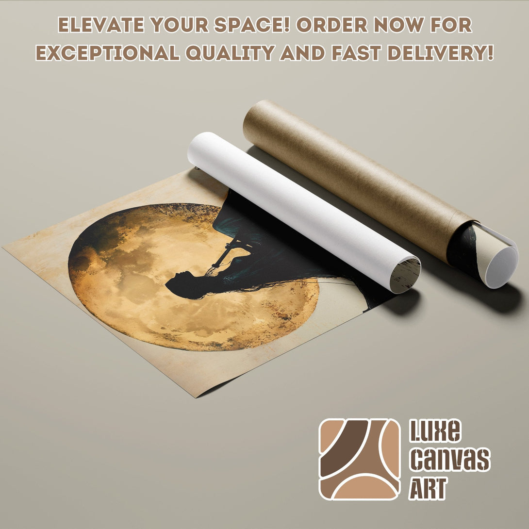 Artistic Poster Roll featuring a gold and black silhouette illustration, neutral color palette. Shop now!