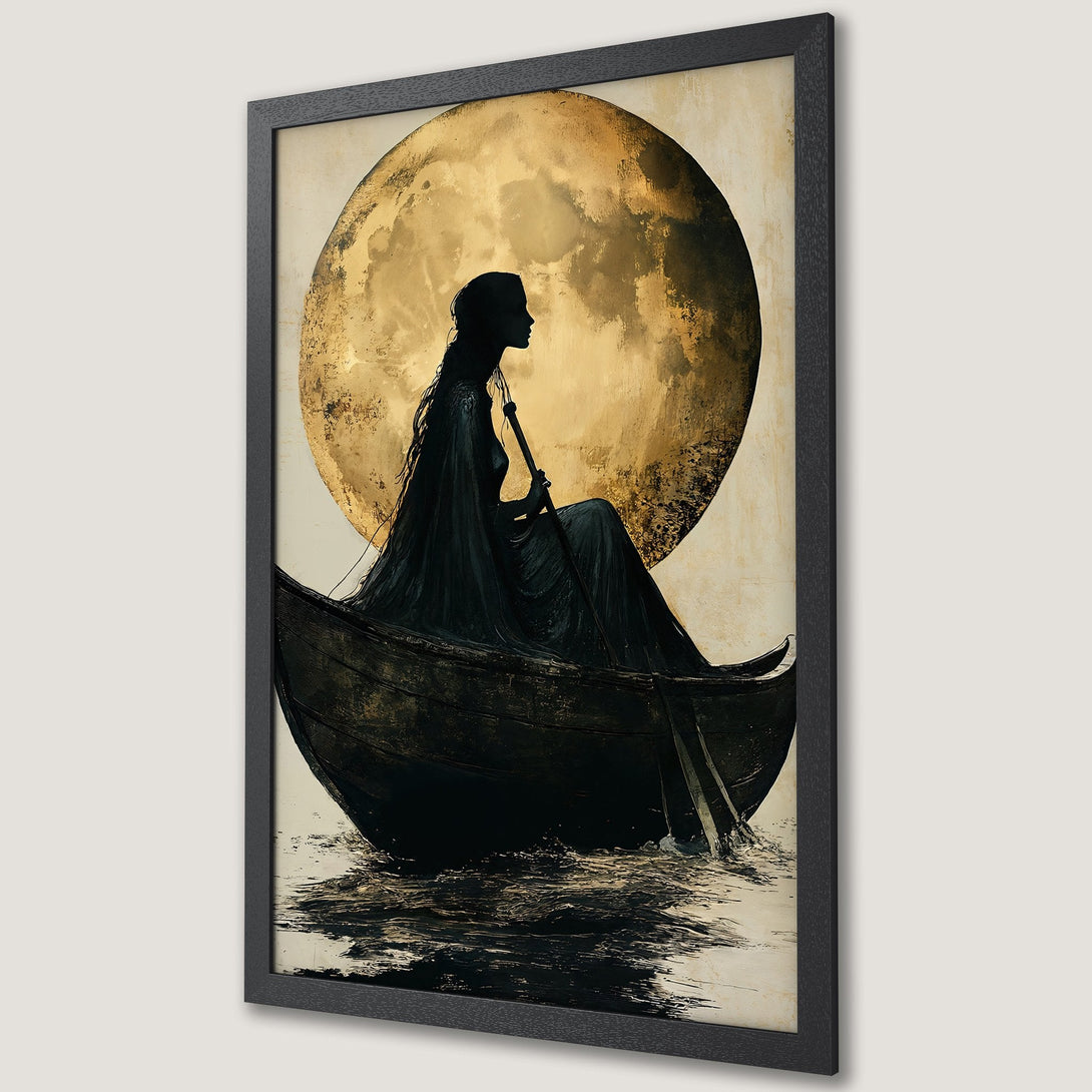 Framed Poster: Silhouette of woman in boat before a golden moon. Artistic style, dark & gold color palette. Perfect wall art decor.