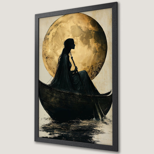 Framed Poster: Silhouette of woman in boat before a golden moon. Artistic style, dark & gold color palette. Perfect wall art decor.