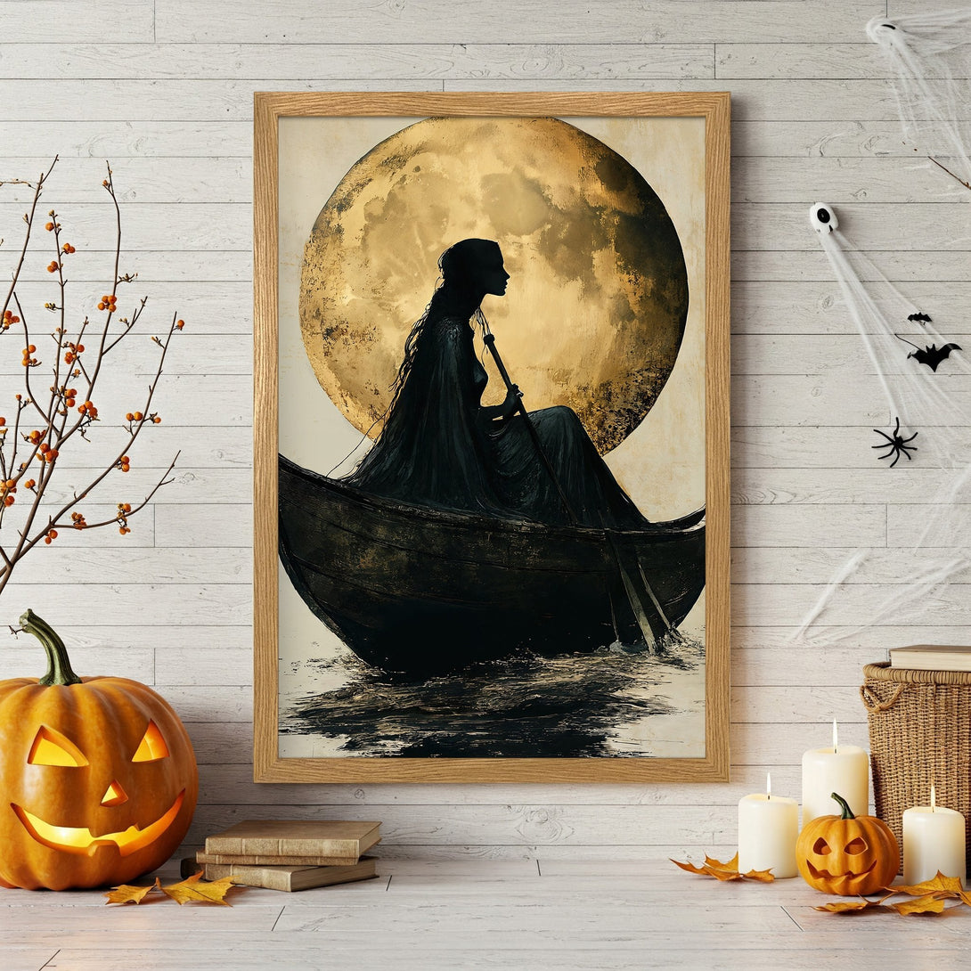 Framed Poster featuring a silhouette in a boat before a golden moon, dark style, Halloween decor.