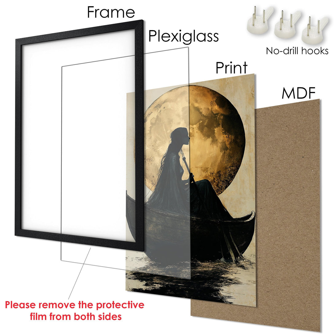 Framed Poster featuring a mystical figure in a boat. Artistic style with a gold, black, and beige color palette. Perfect wall art.