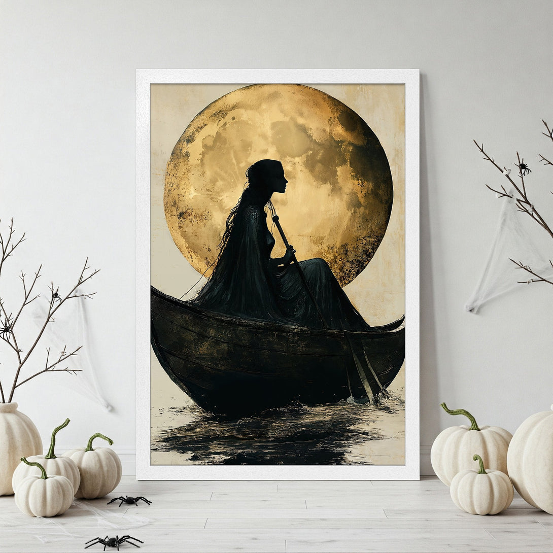 Framed Poster featuring a silhouette in a boat against a golden moon. Dark, moody art in a neutral palette. Perfect Halloween decor.