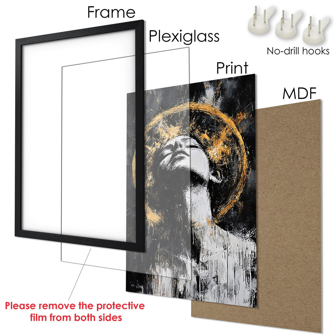 Framed Poster featuring an abstract portrait in a black, white, and gold color palette. Modern art print for home decor.