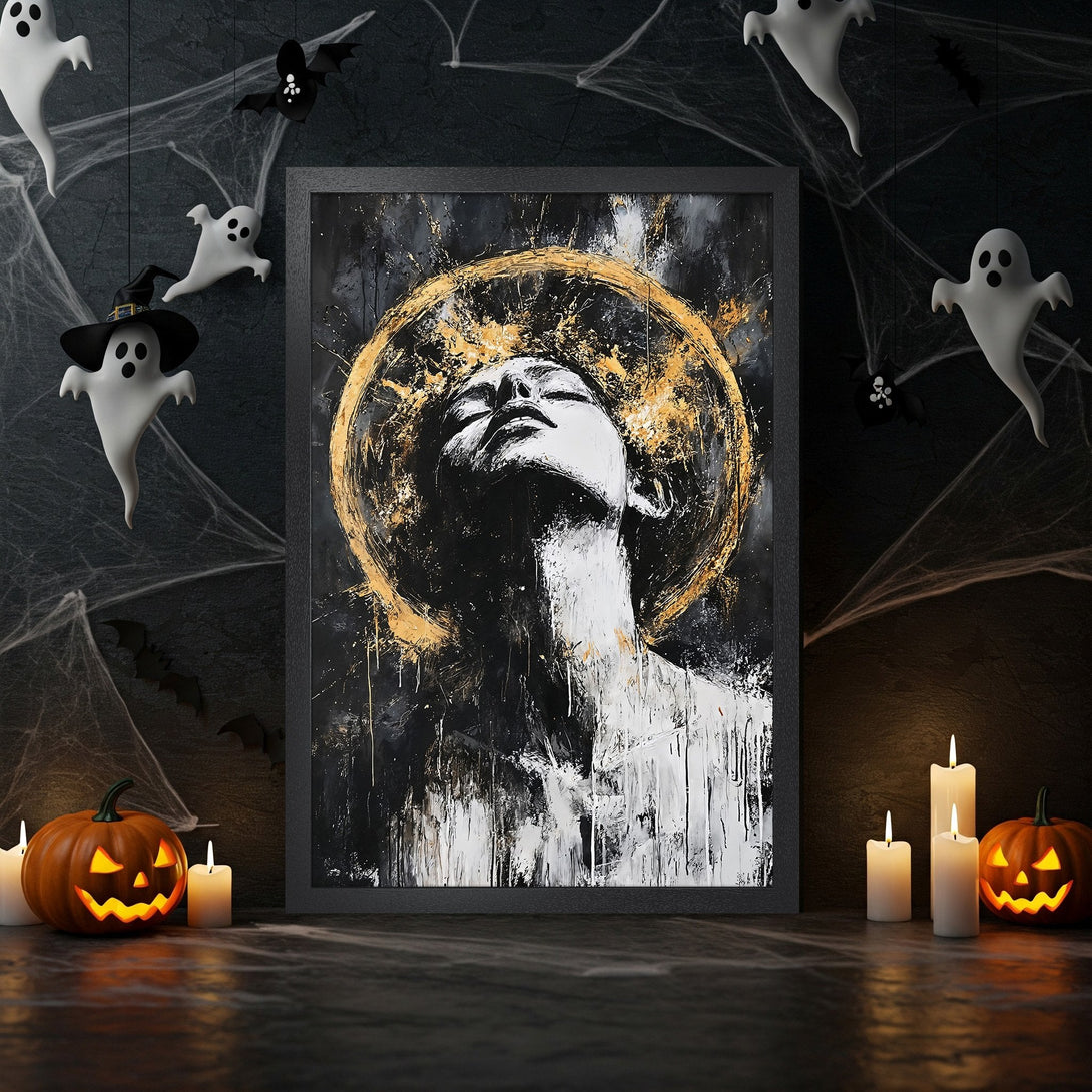 Framed Poster: Abstract art print in black, white, and gold. Perfect Halloween decor. Modern style, striking color palette. Shop now!