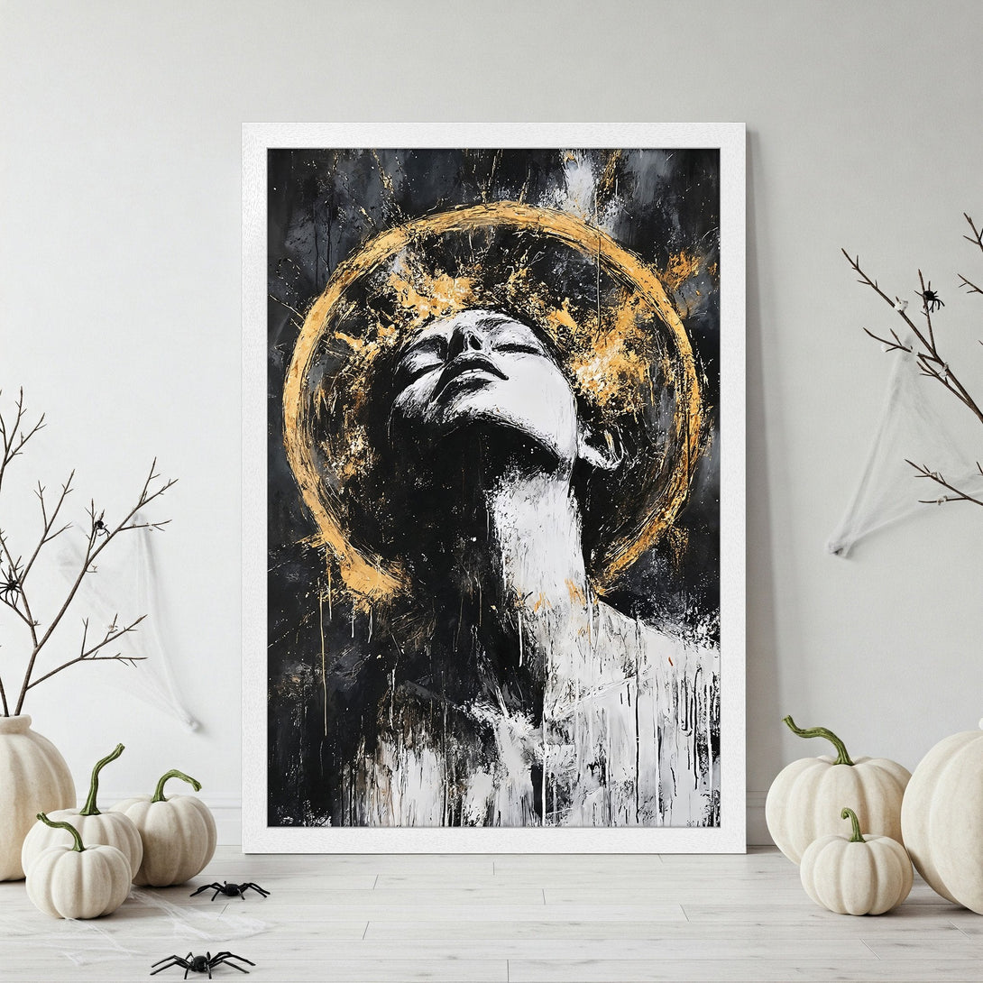 Framed Poster featuring a woman with a golden halo, abstract art in black, white, and gold. Perfect wall art for your home decor!