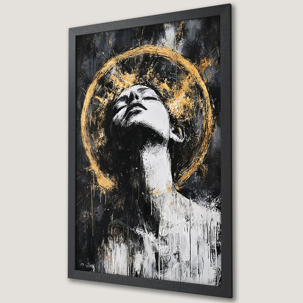 Framed Poster: Abstract art portrait with gold halo, black, white, and gold color palette. Modern decor for your space.