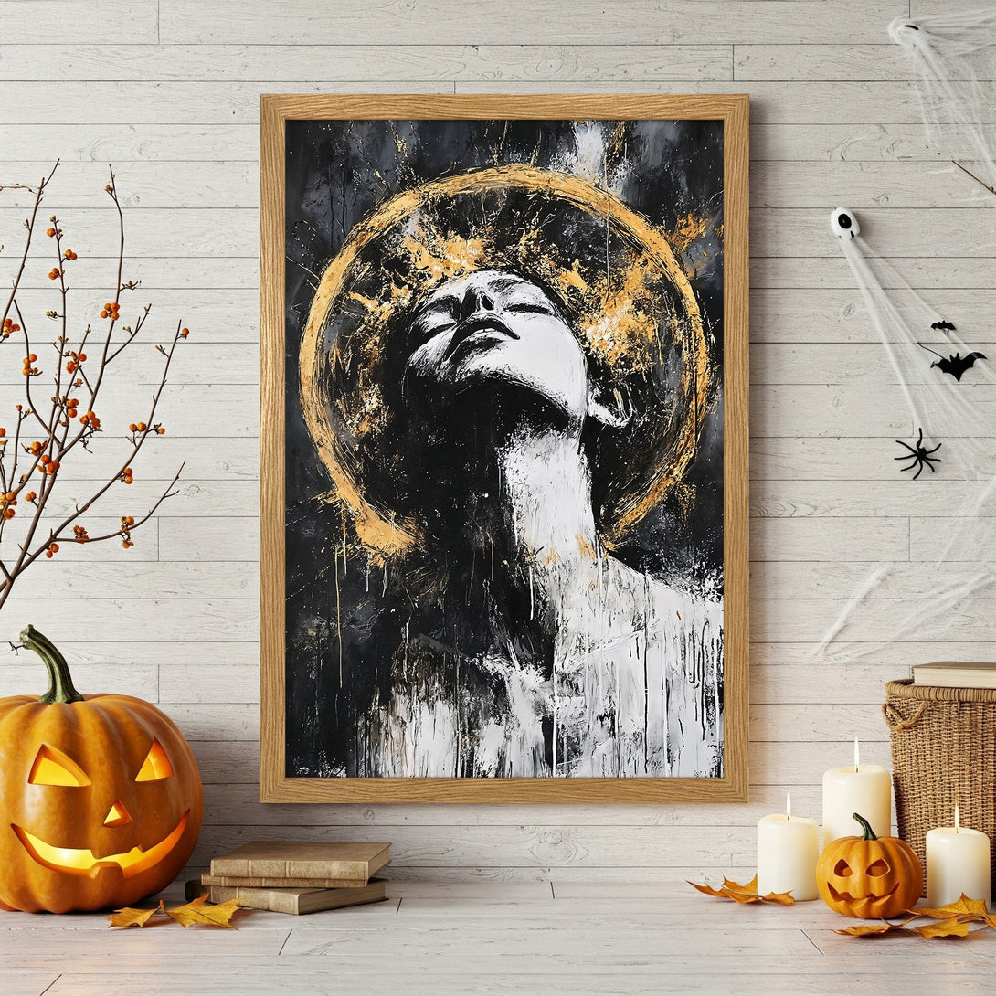 Framed Poster featuring an abstract woman with a gold halo in black, white, and gold. Modern art for your home.