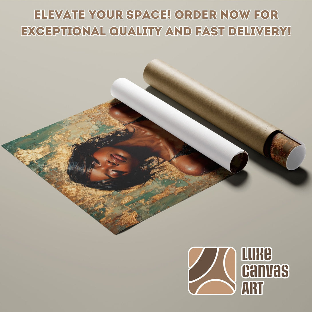 Abstract art Poster Roll featuring a woman, gold & teal palette. Elevate your space with fast delivery!