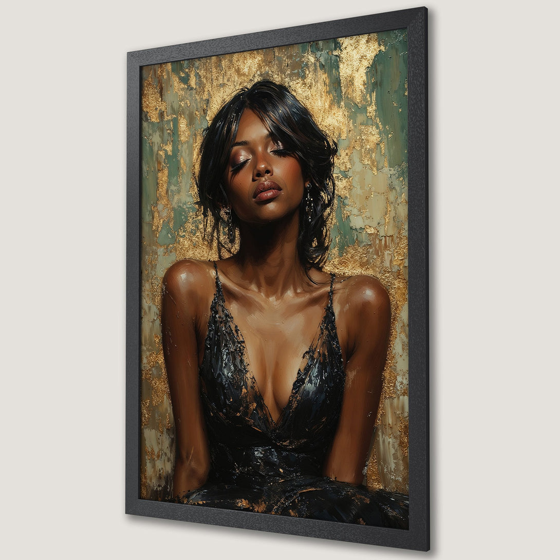 Framed Poster featuring a beautiful woman, oil painting style, with a gold and teal color palette. Add elegance to your space!