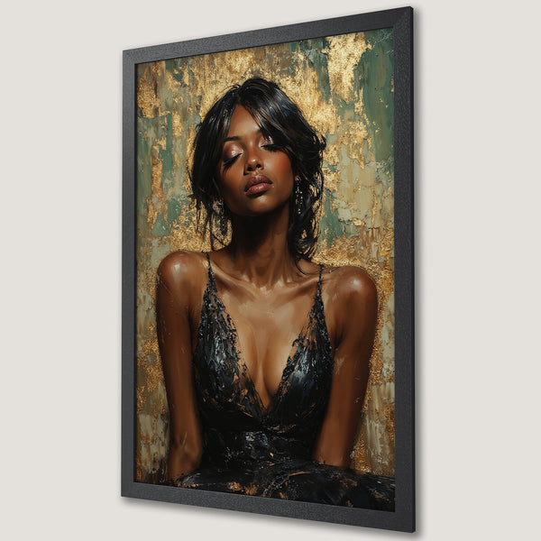 Framed Poster featuring a beautiful woman, oil painting style, with a gold and teal color palette. Add elegance to your space!